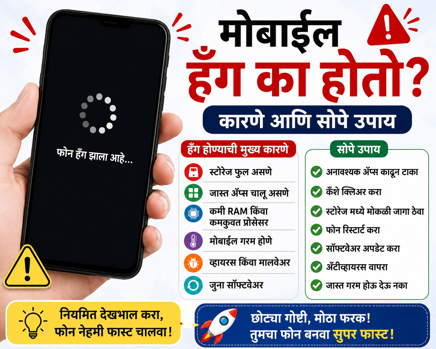 तुमचा मोबाइल वारंवार हँग होतो का? फोन स्लो होण्याची मुख्य कारणे आणि त्यावरील सोपे उपाय मराठीत जाणून घ्या.Mobile Heating Problem Fix in Marathi